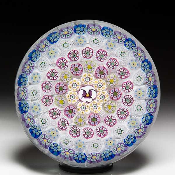 Parabelle Glass 1993 open concentric millefiori and pansy paperweight. by Parabelle Glass