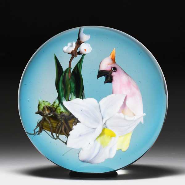 Rick Ayotte 1990 'Scissor-tailed Flycatcher & Baby' paperweight. by Rick Ayotte