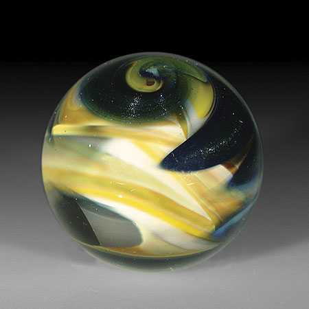 Ring of Fire Glassworks 'Yellow, White and Green Switchback' small marble. by Ring Of Fire Glassworks