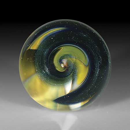 Ring of Fire Glassworks 'Yellow, White and Green Switchback' small marble. by Ring Of Fire Glassworks