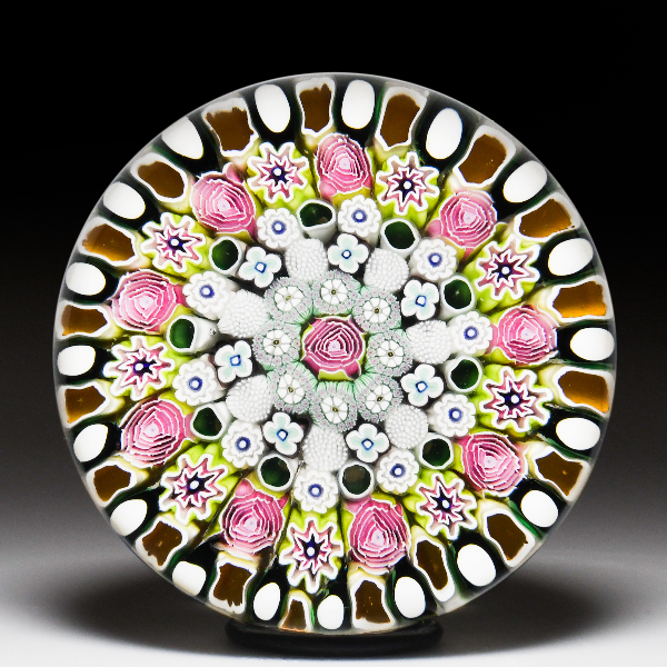 Damon MacNaught 2023 close concentric millefiori and dogwood in green and white stave basket paperweight. by Damon MacNaught