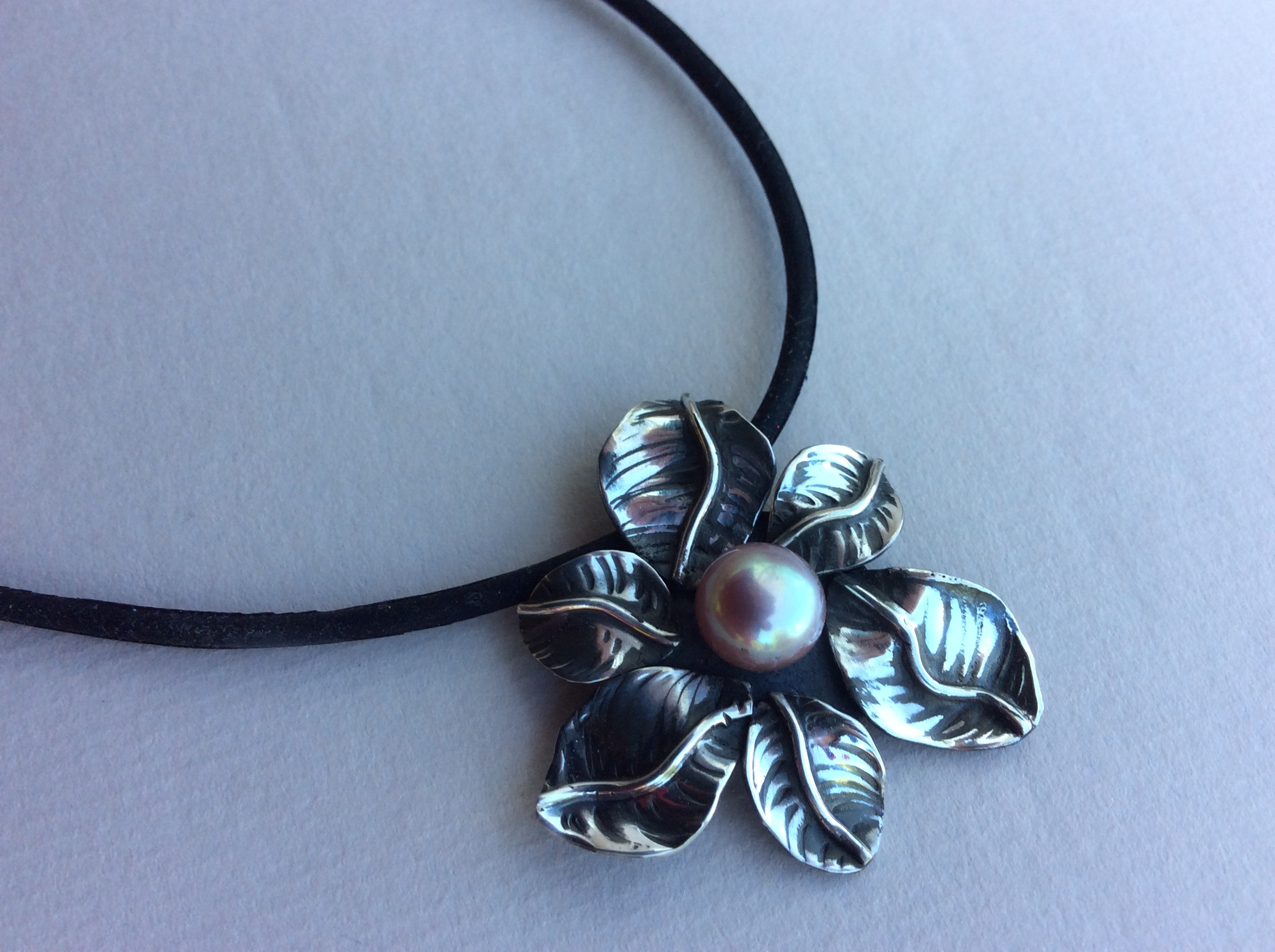 6 Leaf Pendant, Silver and Pearl on Rubber Cord