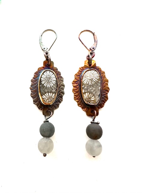 Image of Sterling Silver, Fine Silver Bezels, Fossilized Coral, and Mat Labradorite Beads Earrings with Lever by Julie Shaw