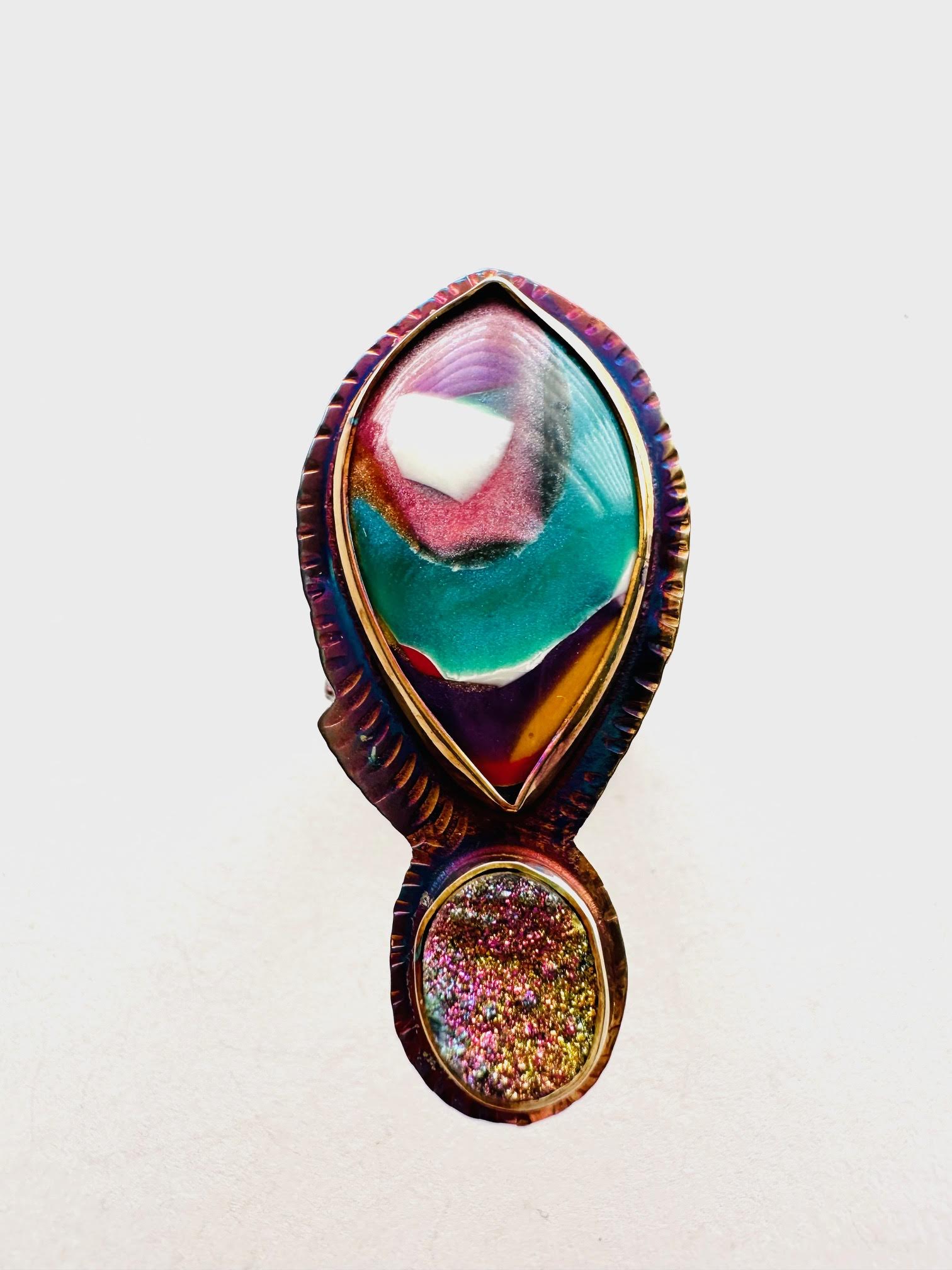 Image of Sterling Silver, Fine Silver Bezels, Surfite, and Pyrite Druzy Ring, Size 7 by Julie Shaw