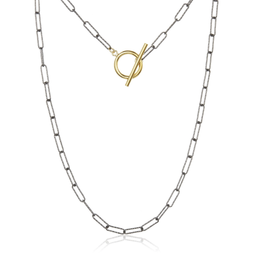 Paperclip Toggle Necklace, Black Chain with Gold-Filled Toggle