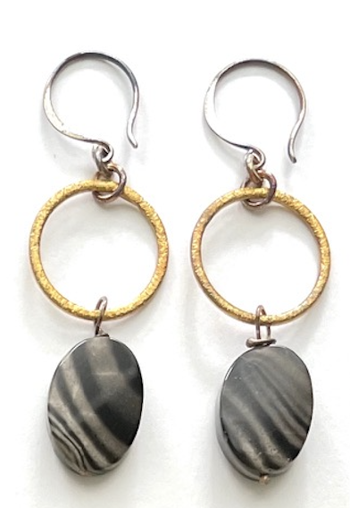 Gold Plated Brass and Natural Agate Earrings in Sterling Silver