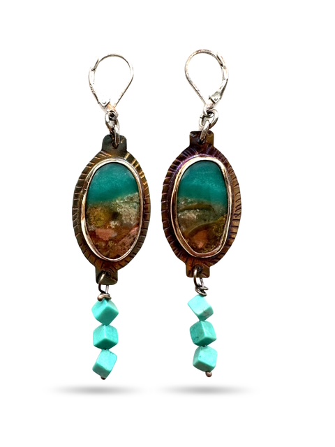 Image 2 for 1 Sterling Silver, Fine Silver Bezels, and Opal Wood Earrings with Turquoise Drops and Lever Earwires