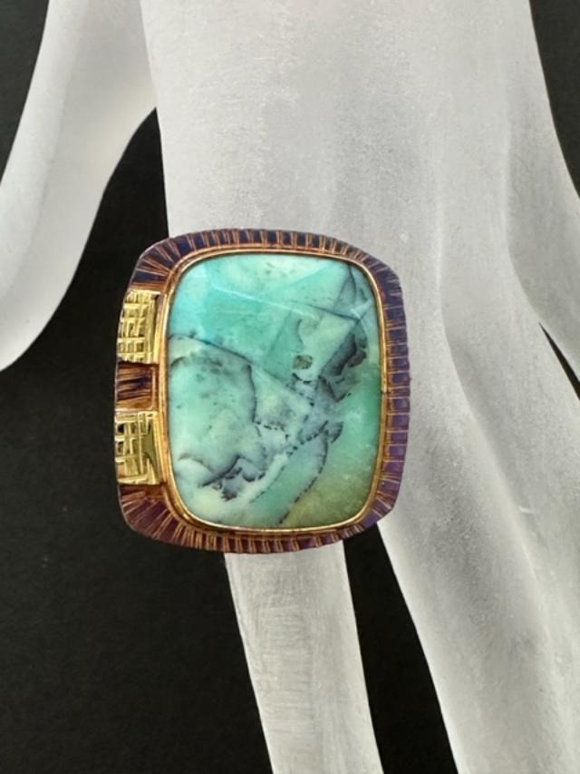 Sterling Silver, 18k Gold and Blue Opal Wood Ring