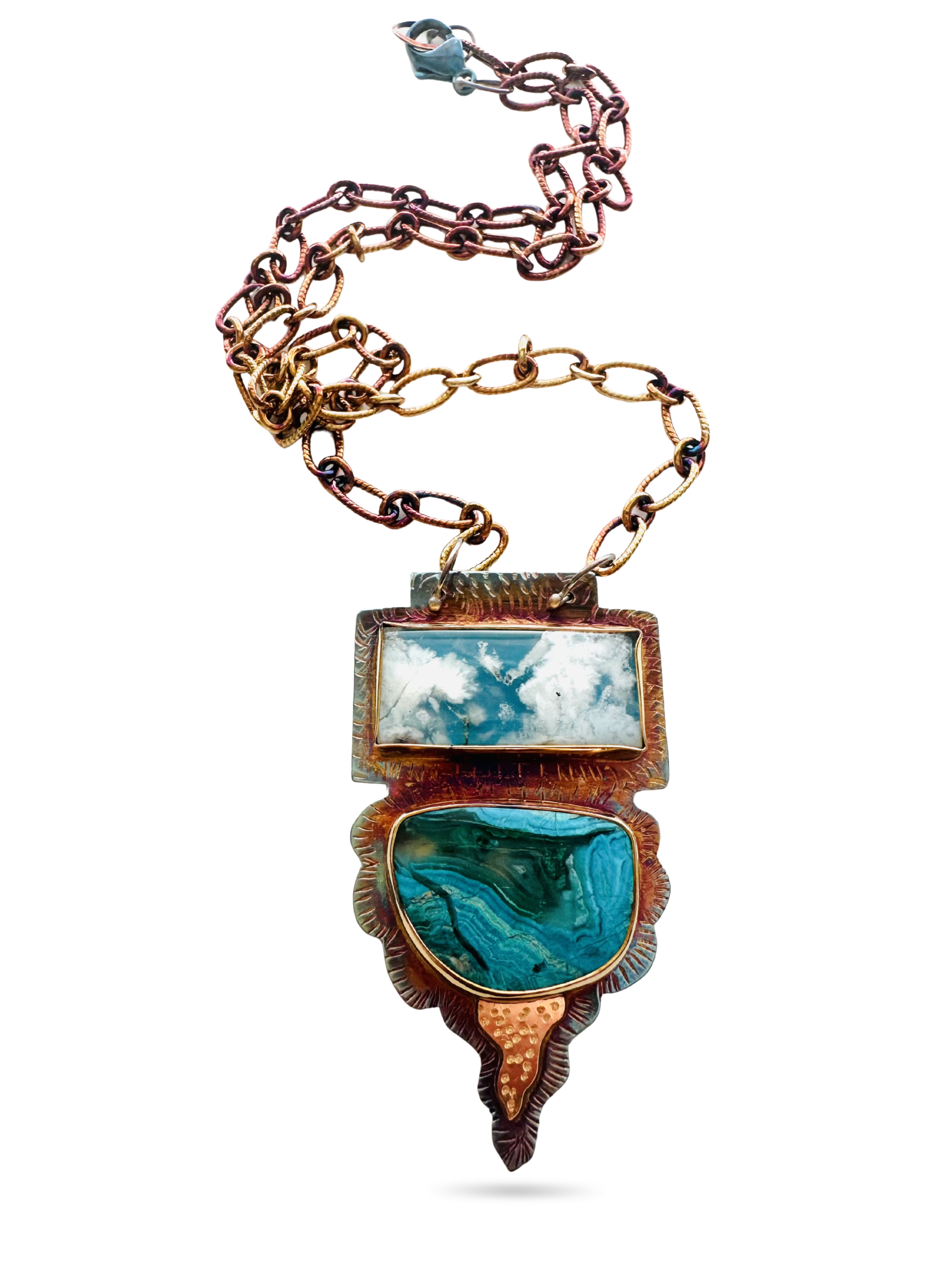 Image 2 for 6 Sterling Silver, Fine Silver Bezels, 18k Gold, Plume Agate on top of Blue Resin and Chrysocolla/Malachite Necklace with Sterling Silver Chain and Lobster Clasp