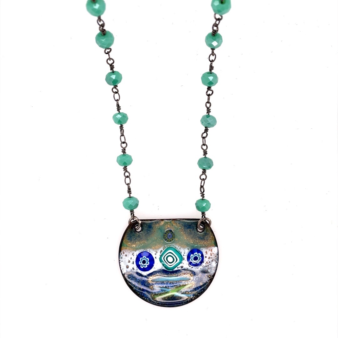 Round Pendant with Mille Fiore, Copper Enamel on Bead Chain 20