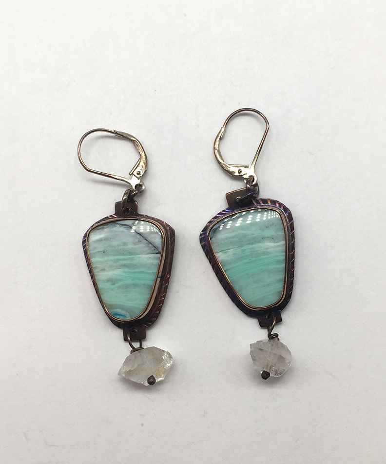 Sterling and Blue Opal Displaced Petrified Wood with Herkimer Diamond Crystal Earrings