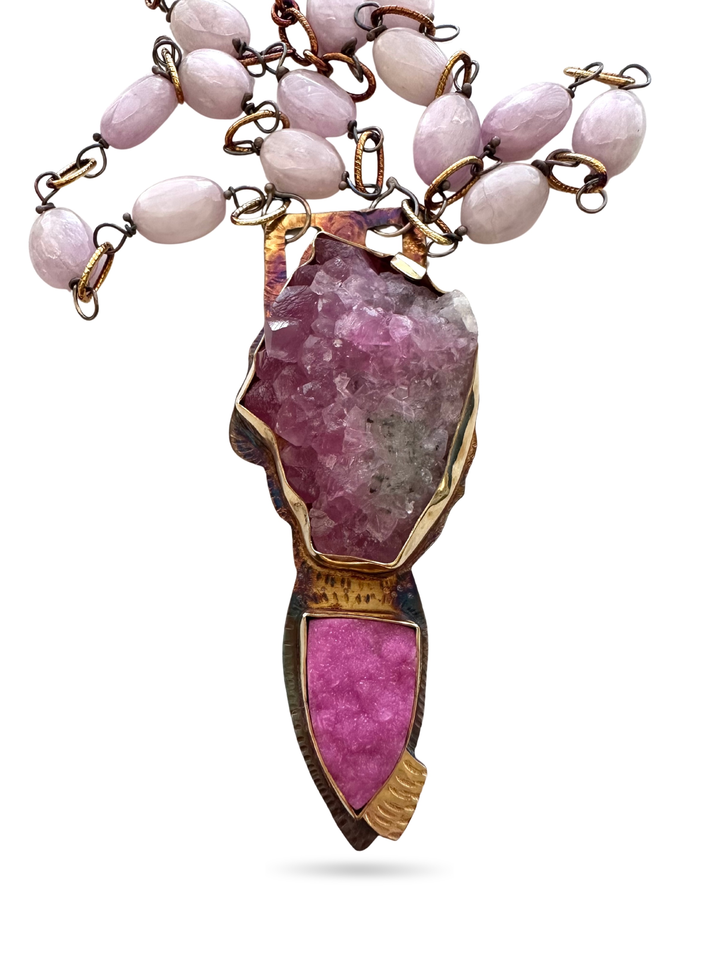 Image of 3 Sterling Silver, Fine Silver Bezels, 18k Gold, Cobalto Calcite Druzy, and Cobalto Calcite Crystals Necklace with Sterling Silver Chain, Kunzite Beads strung on Sterling Silver with Revolving Lobster Clasp by Julie Shaw