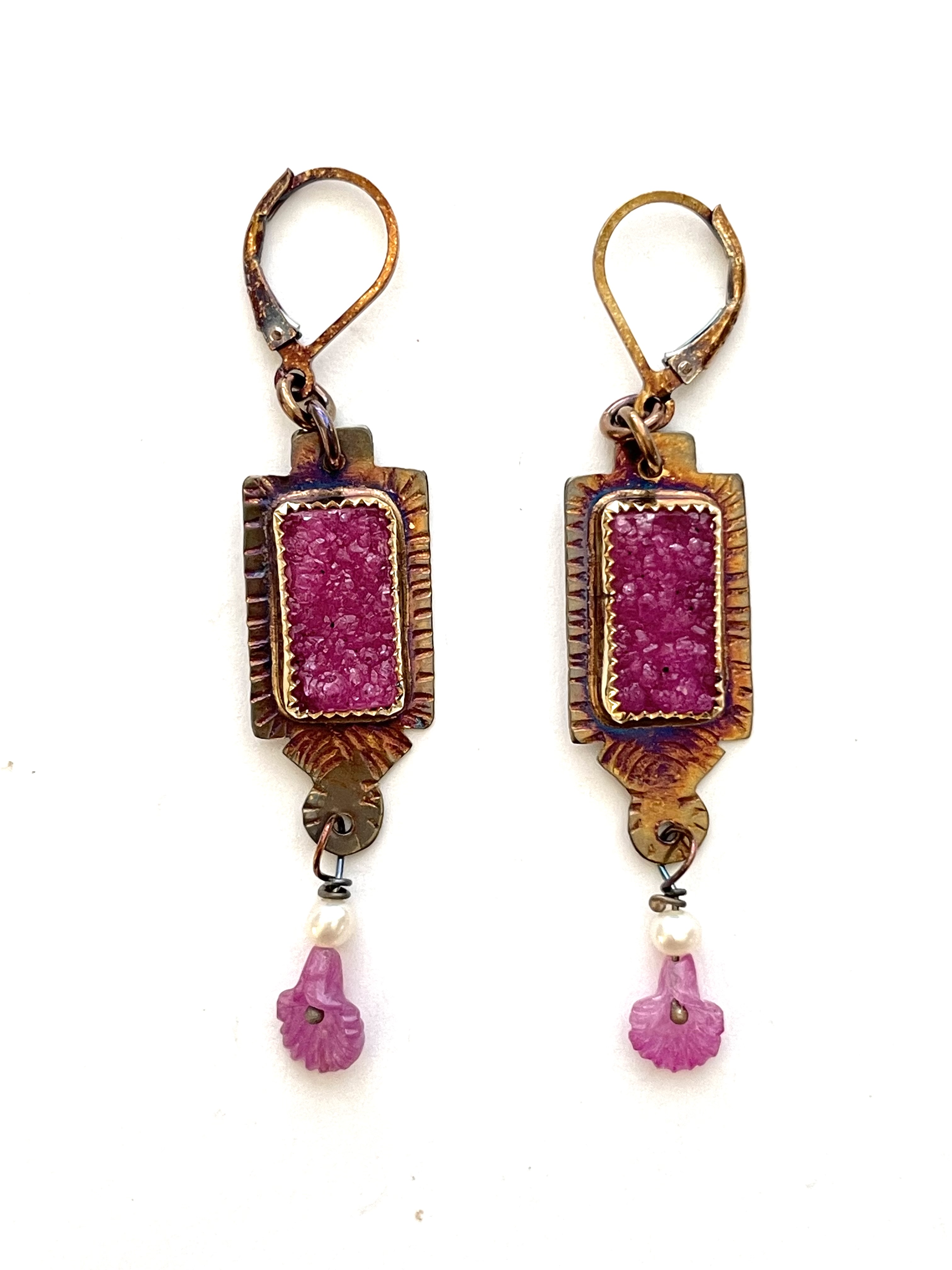 Sterling Silver, Cobalto Calcite Druzy and Carved Ruby Orchid Earrings