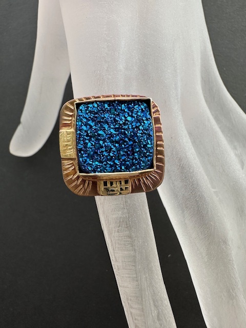 Image of Sterling Silver, Fine Silver Bezel, 18k Gold, and Electric Blue Druzy Ring - Size 7 by Julie Shaw