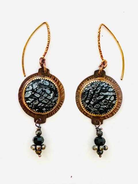 Sterling Silver, Fossilized Palm, and Black Onyx Earrings with Silver Beads