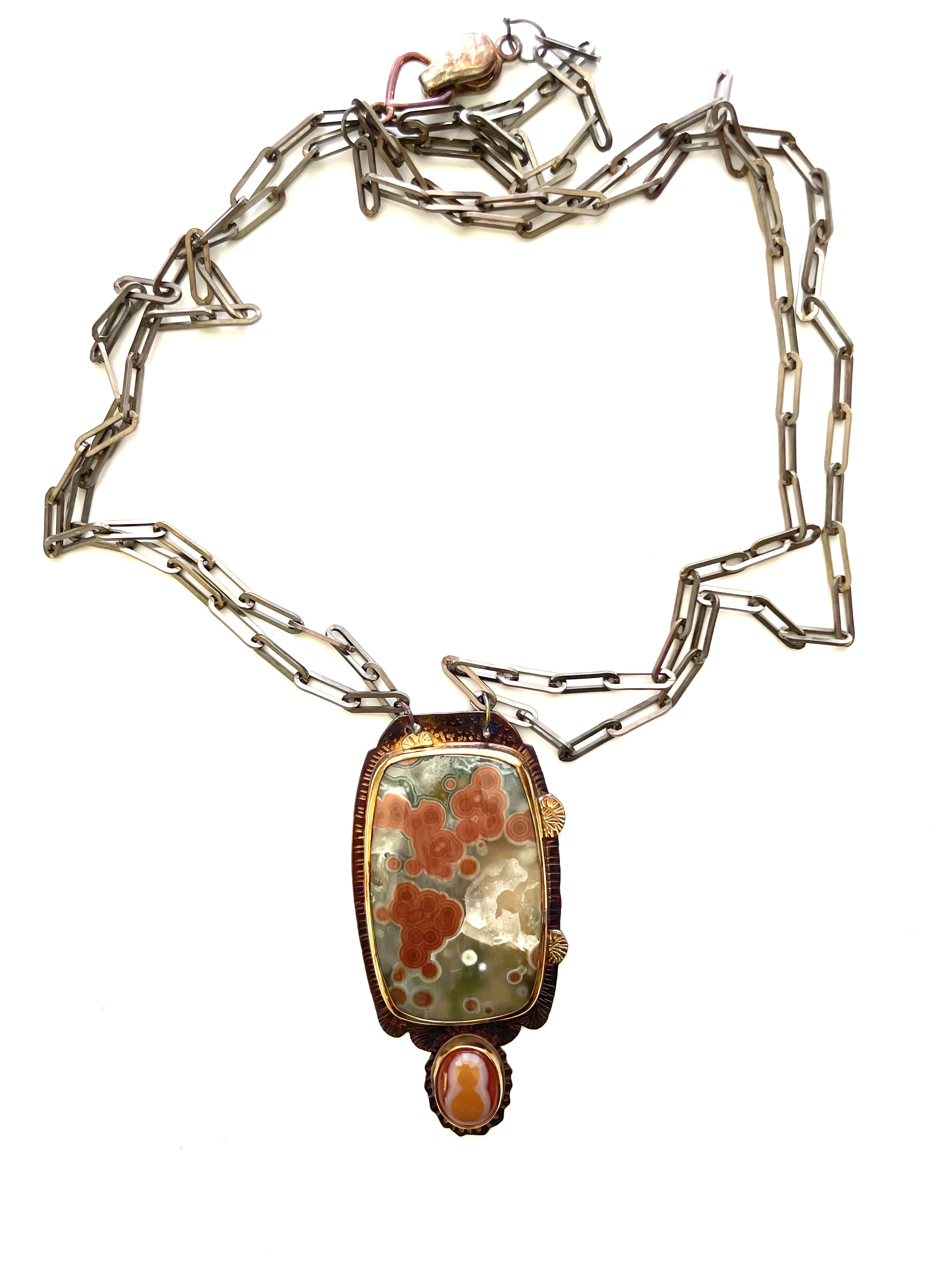 Sterling Silver, Fine Silver Bezel, 18K Gold, Rare Piece of Ocean Ranch Jasper, and Natural Double Bulls Eye Banded Carnelian Agate from Indonesia Necklace