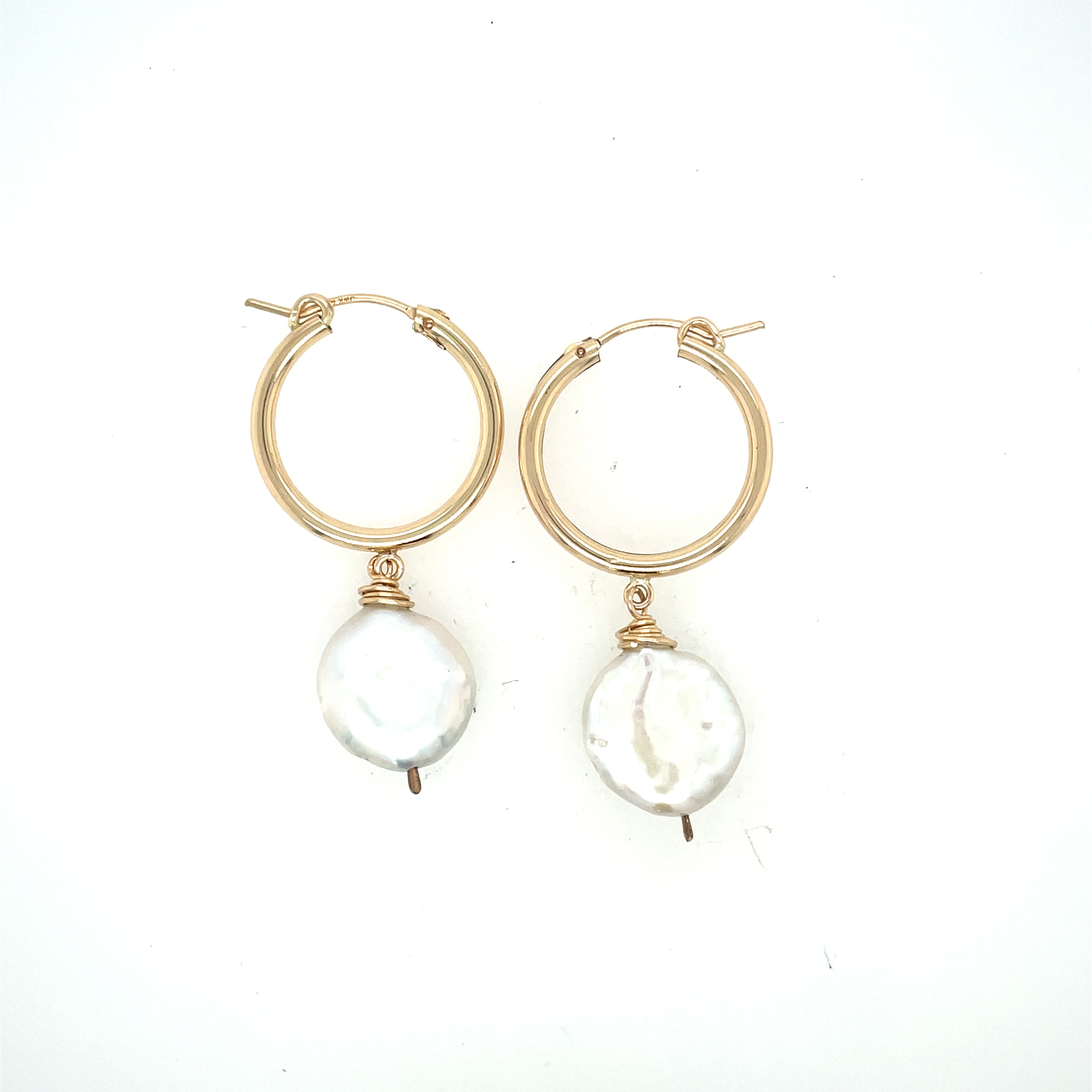 Large Gold-Filled Coin White Pearl Earrings