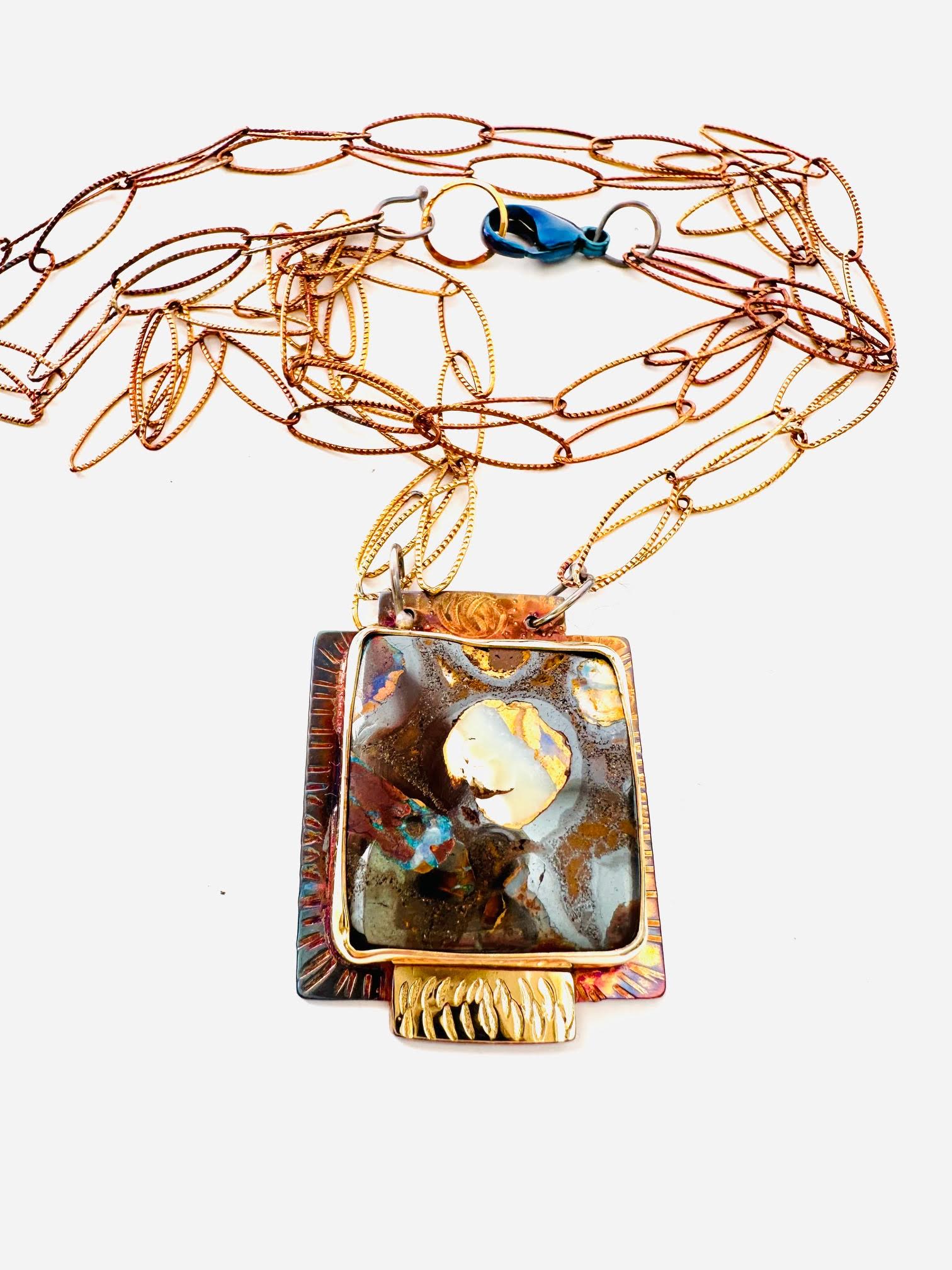 Image of Sterling Silver, Fine Silver Bezel, 18k Gold, and Yowah Opal Necklace on Sterling Silver Chain with a Lobster Clasp by Julie Shaw