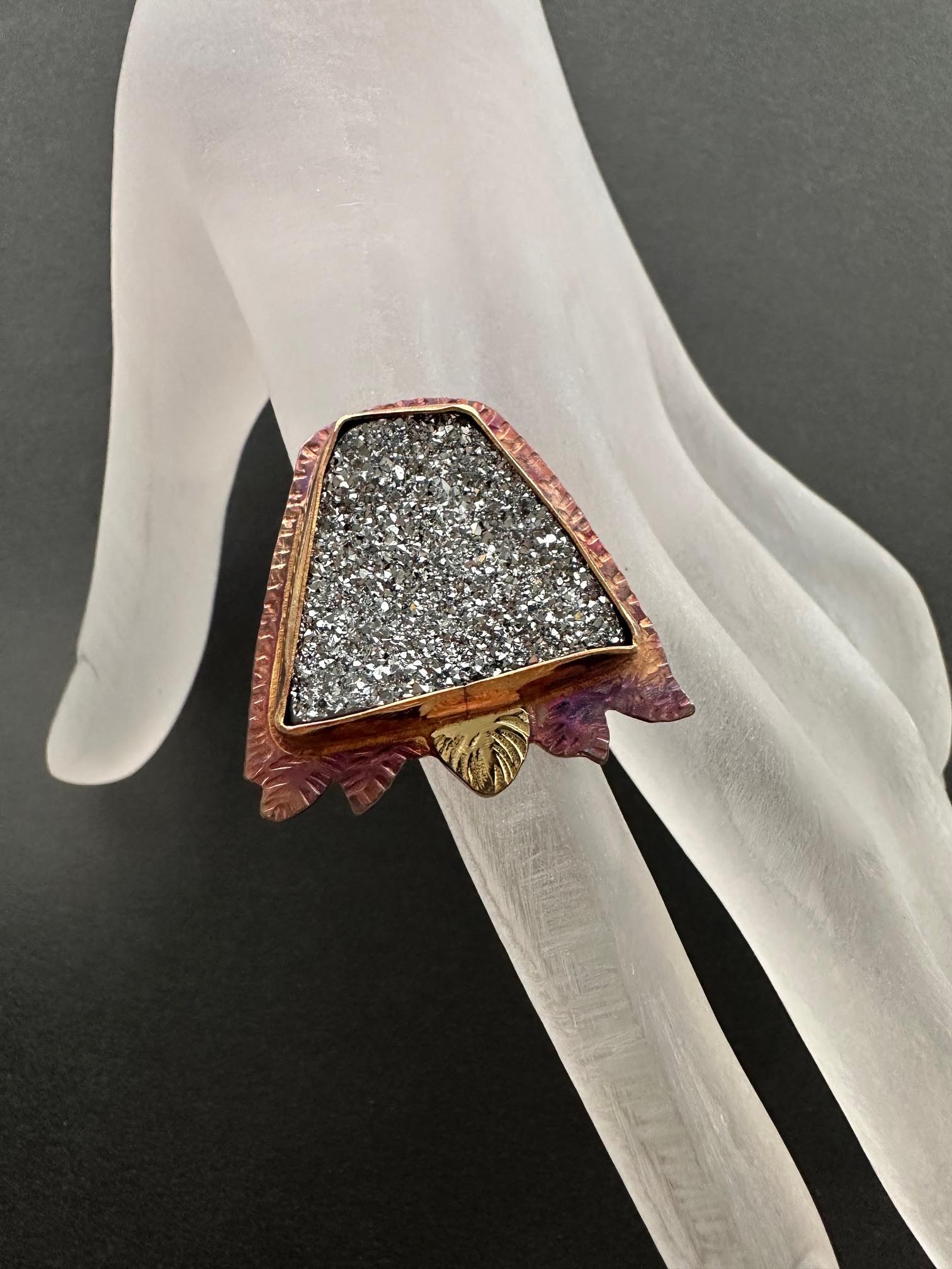 Image 3 for Sterling Silver, Fine Silver Bezel, 18k Gold, and Silver Mist Druzy Ring - Size 7.5