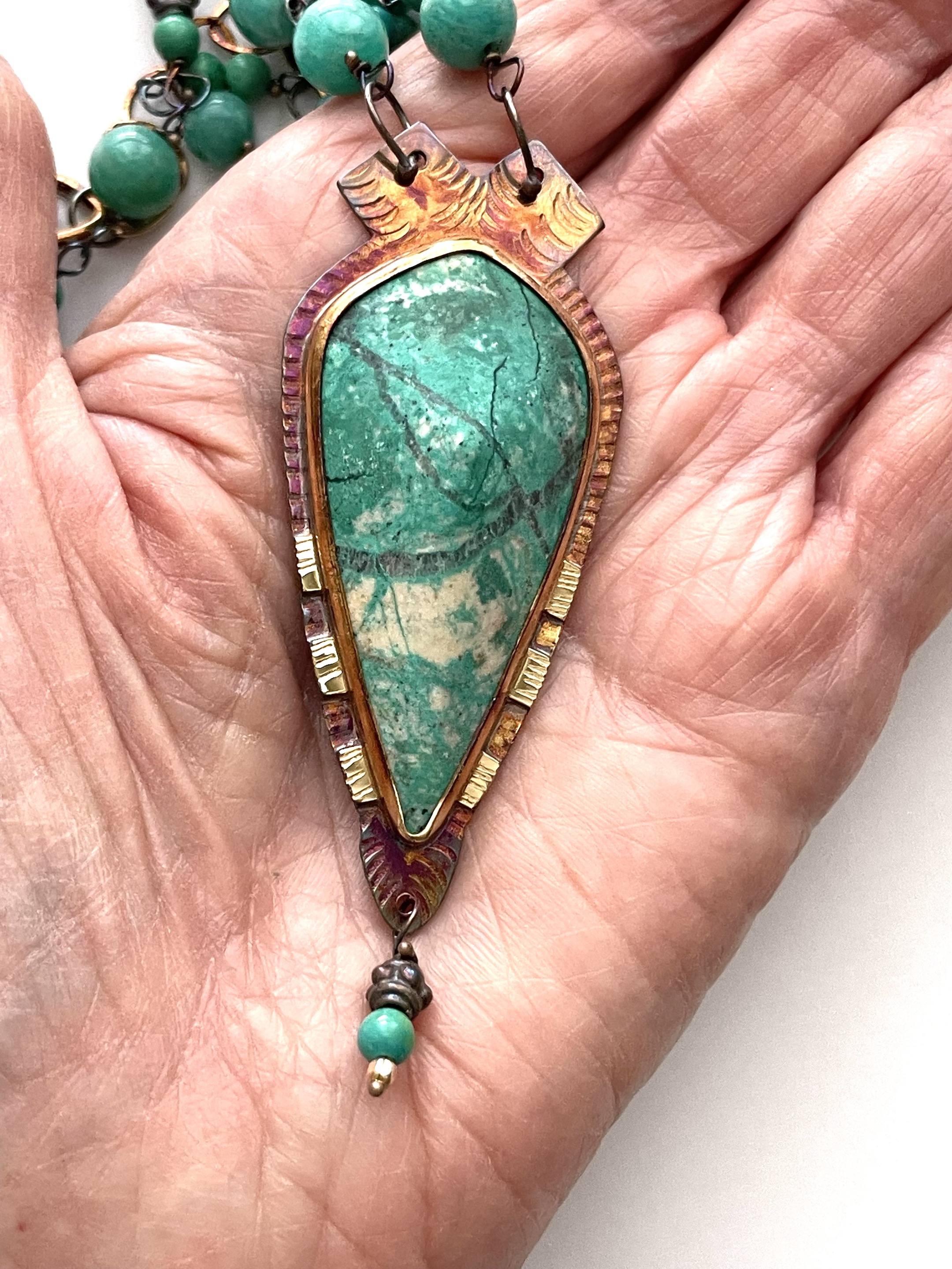 Sterling Silver, 18k Gold, Chrysocolla on 22”  Amazonite and Turquoise Beads