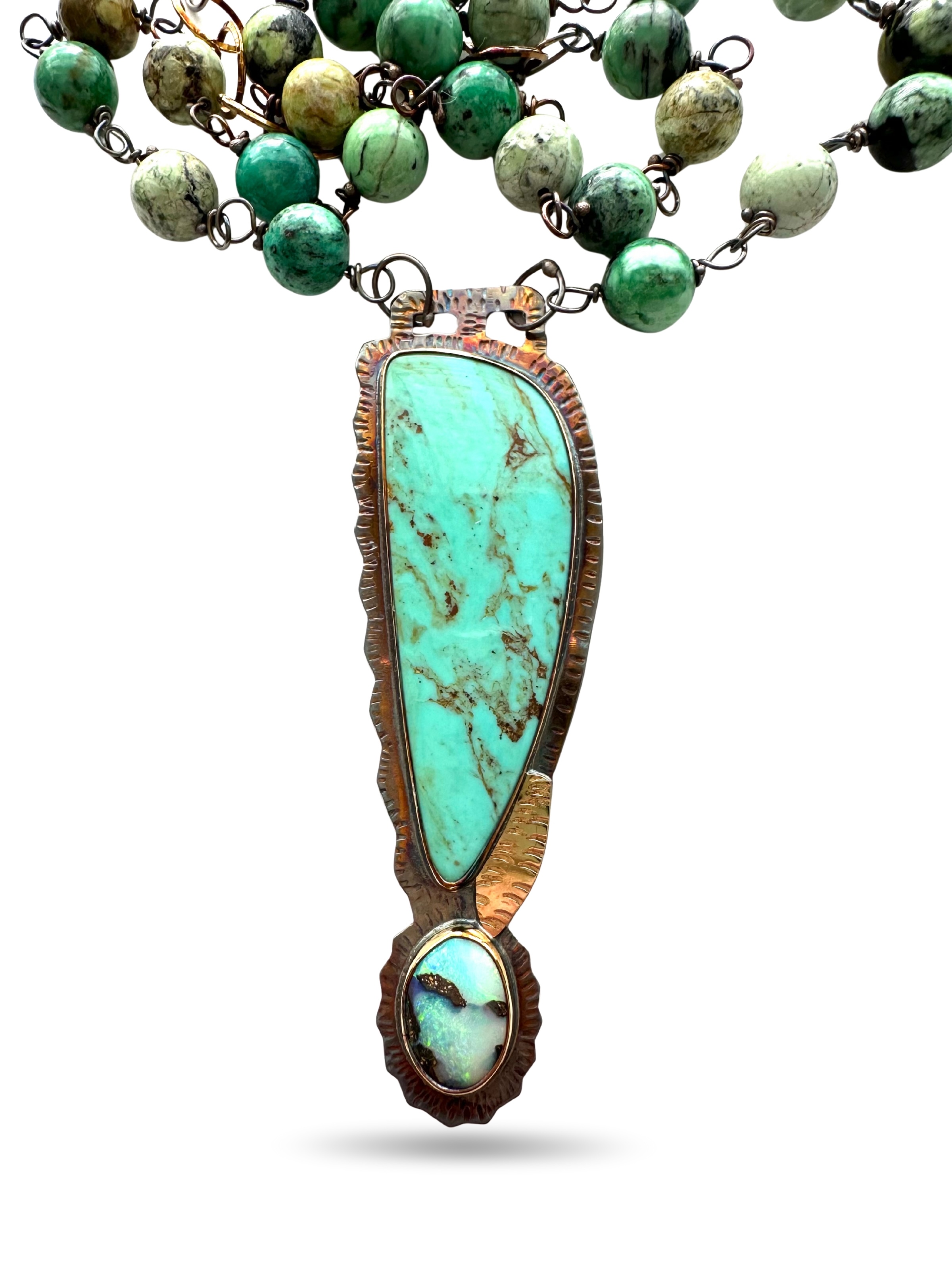 Image of 2 Sterling Silver, Fine Silver Bezels, 18k Gold, Kingman Mine Turquoise, and Boulder Opal Necklace with Varisite Beads, Sterling Silver Chain, and a Lobster Clasp by  