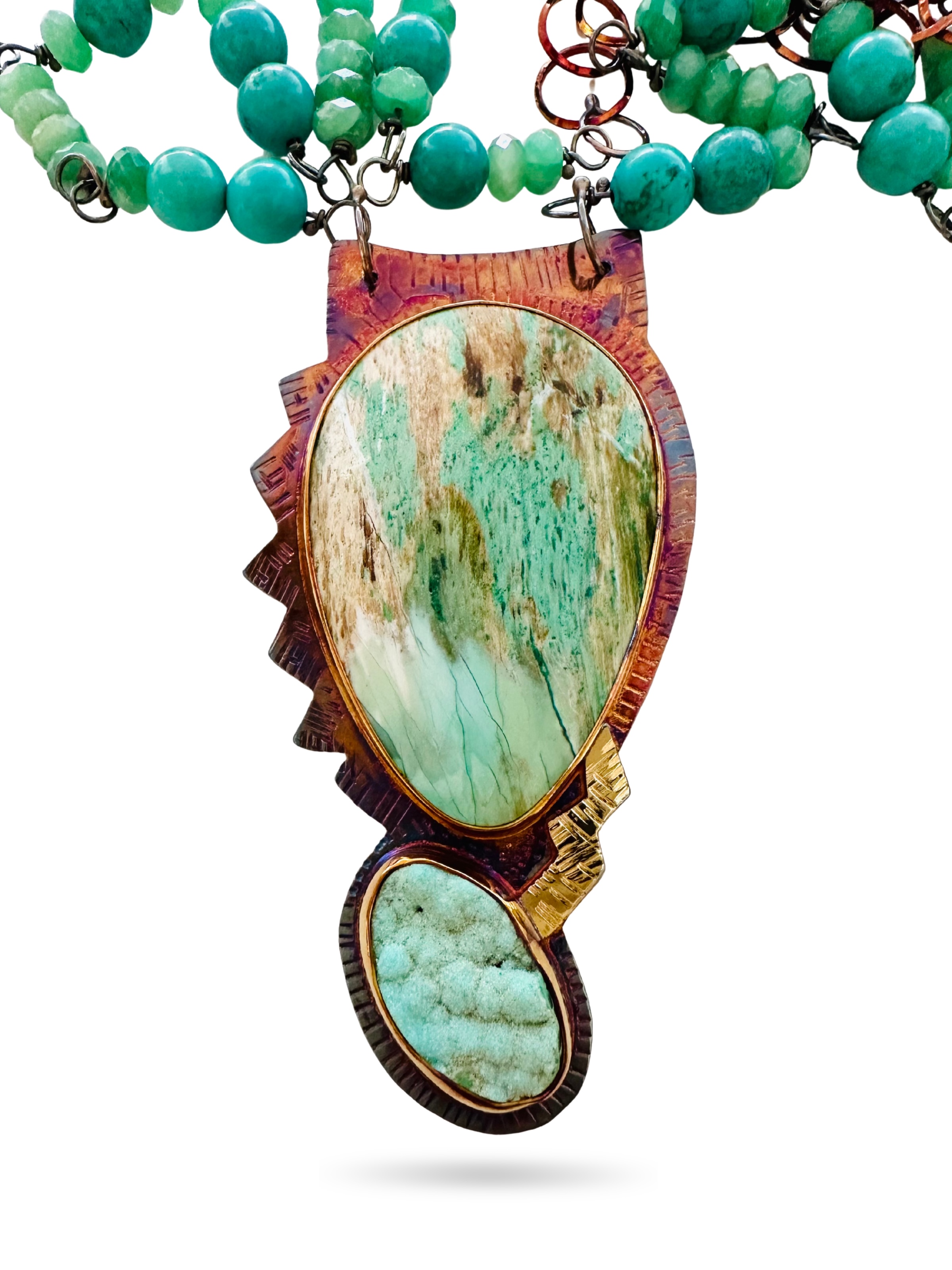 Image of 2 Sterling Silver, Fine Silver Bezels, 18k Gold, Collawood, Hemimorphite Druzy, and Green Mica Necklace with Turquoise Beads, Sterling Silver Clasp and Revolving Lobster Clasp by  