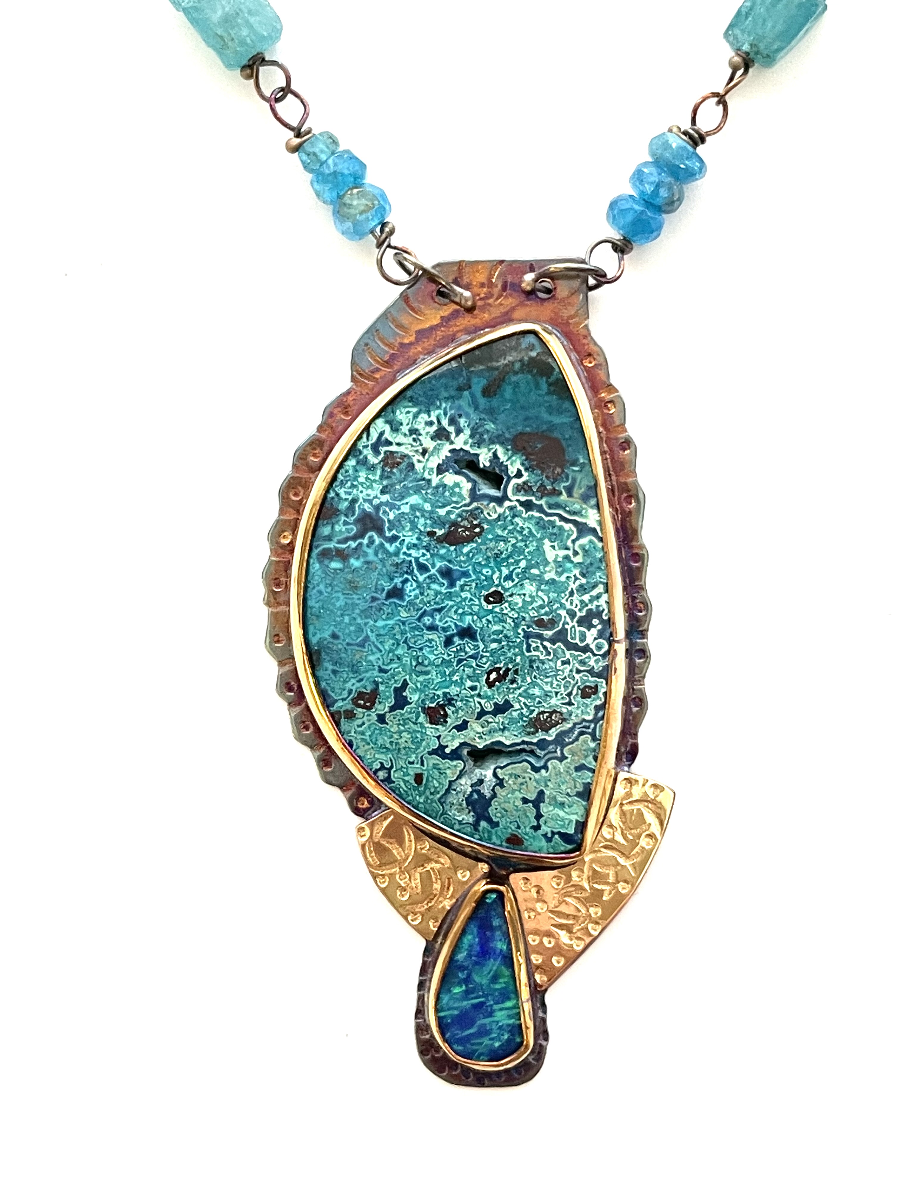 Sterling Silver, 18k Gold, Shattuckite, and Opal Necklace with Apatite Beads