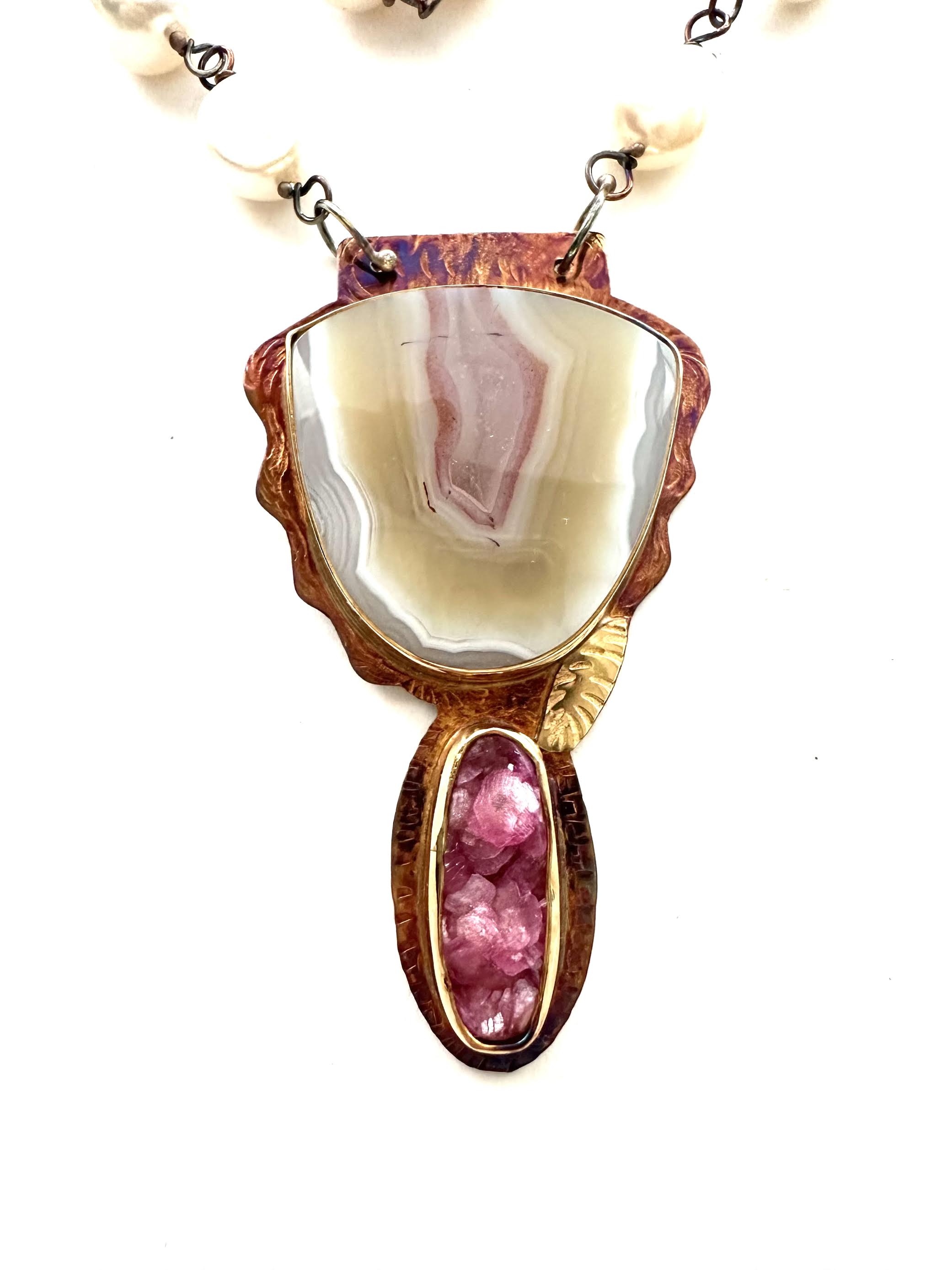 Image of Sterling Silver, Fine Silver Bezels, 18k Gold, Malawi Agate, and Cobalt Calcite Druzy Necklace with Pearls Strung on Sterling Silver Chain and Lobster Clasp by Julie Shaw