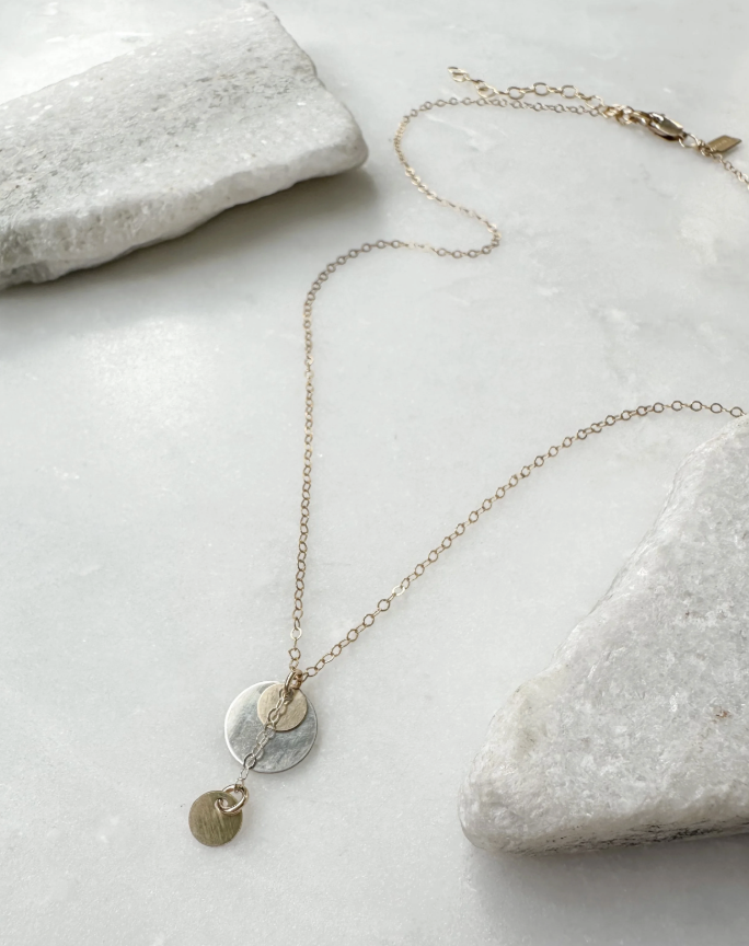 Image of Double Coin Y Drop Contrasting Necklace, 14k Gold Fill and Sterling by  RACH B Jewelry