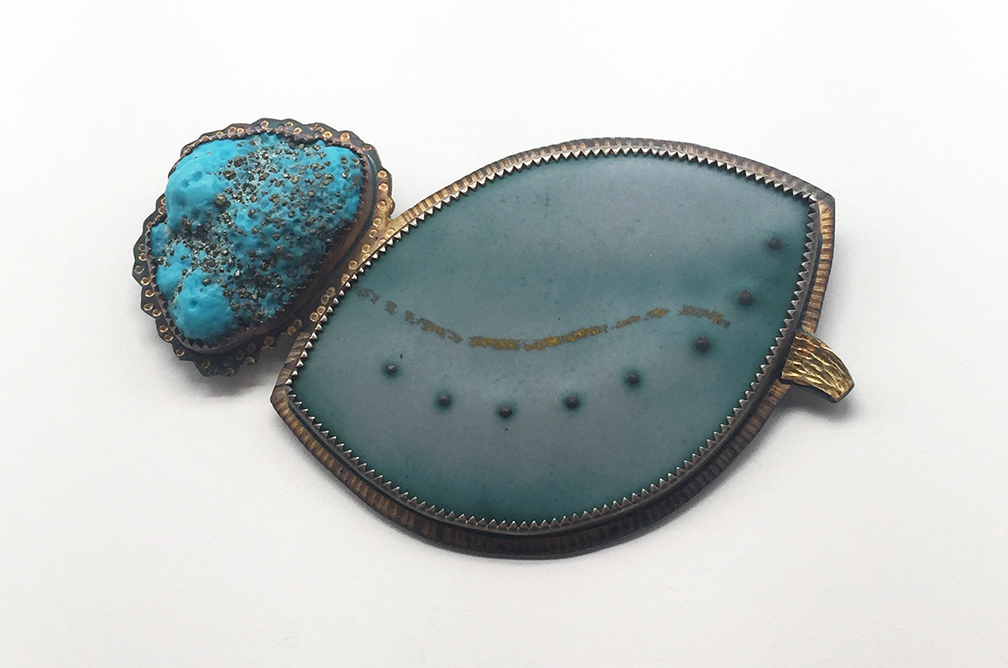 Image 1 for Pyrite Speckel Sleeping Beauty Turquoise and Enamel Brooch Pyrite Speckel Sleeping Beauty Turquoise and Enamel Brooch