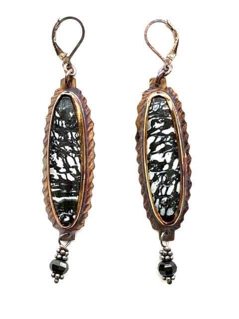 Sterling Silver, Rocket Palm, and Black Garnet earrings with Silver Beads