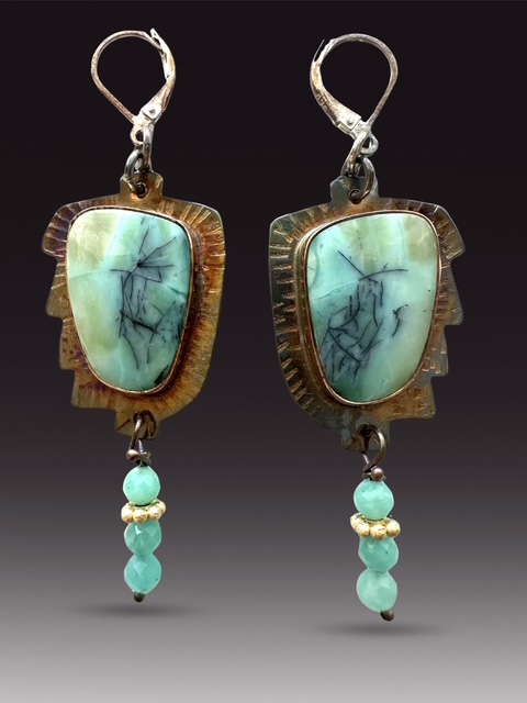 Image of 4 Sterling Silver, Fine Silver Bezels, and Opal Wood Earrings with Chrysocolla Beads and Gold-Filled Spacer on Sterling Silver Wire by  