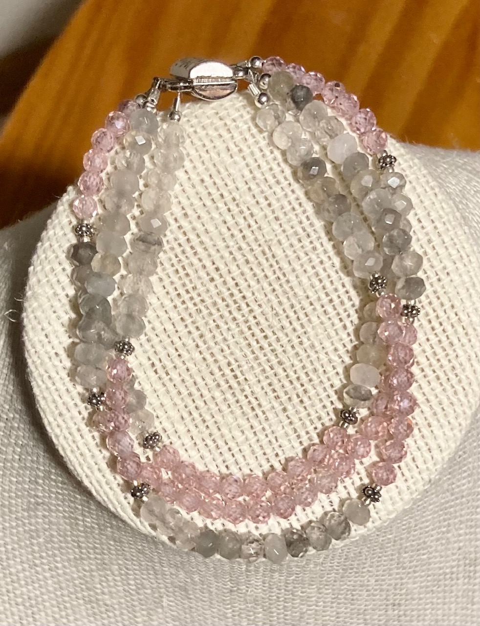 Pink Zircon and Labradorite 3 Strand Bracelet with Magnetic Clasp