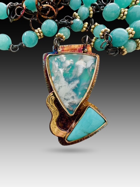 Image of 6 Sterling Silver, Fine Silver Bezels, 18k Gold, Plume Agate over Blue Resin, and Kingman Mine Turquoise Necklace with beads of Amazonite, and Gold Fill Spacers, Sterling Silver Chain and Lobster Clasp by Julie Shaw