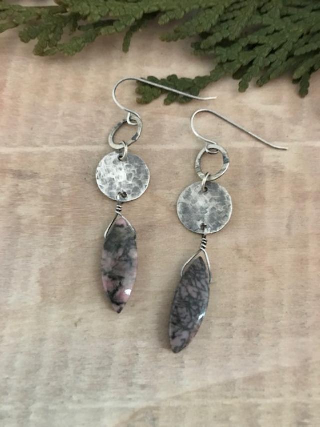 Circle Earrings in Sterling Silver and Rhodonite