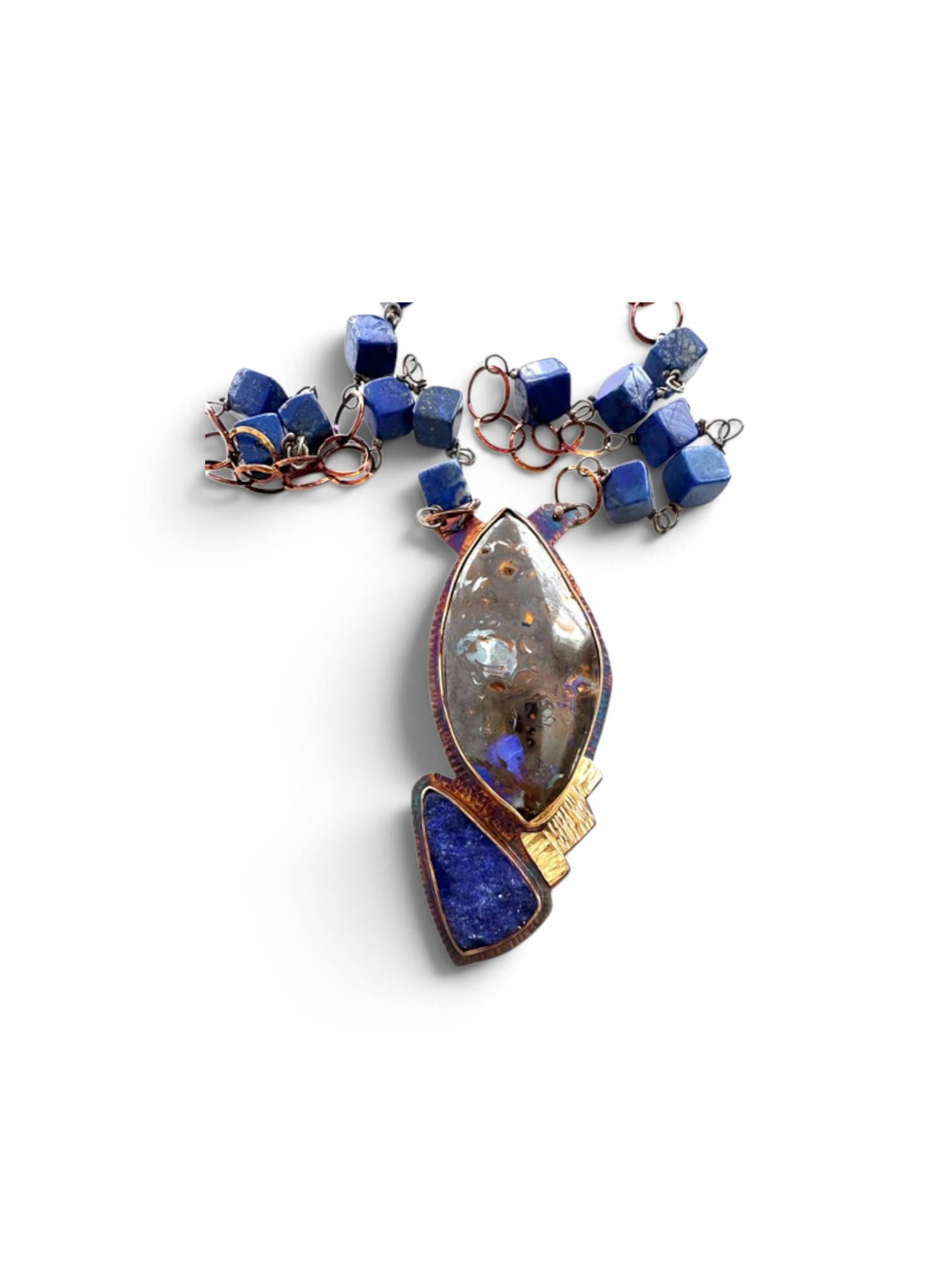 Image of 1 Sterling Silver, Fine Silver Bezels, 18k Gold, Natural Surface Lapis Lazuli with Pyrite Specks, and Matrix Boulder Opal Necklace with Sterling Silver Chain, Lapis Beads strung on Sterling Silver and Lobster Clasp by Julie Shaw