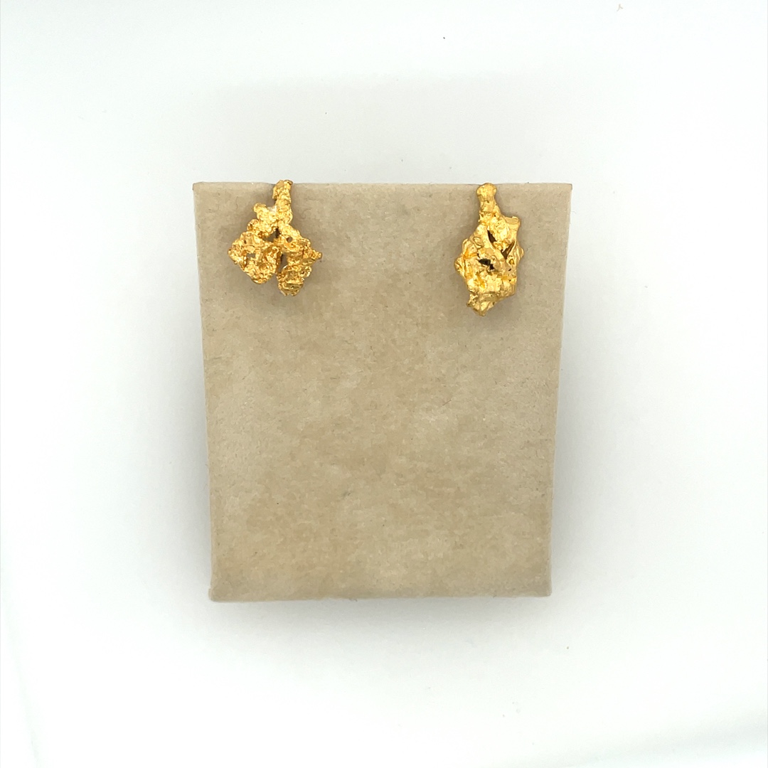 Natural gold, nugget earrings, handmade posts with backings. Jumbo 14 karat friction back backings.  Each nugget has a handmade hook hidden in the back for removable dangles. Nuggets approx 5.8 grams and test at 98% solid gold