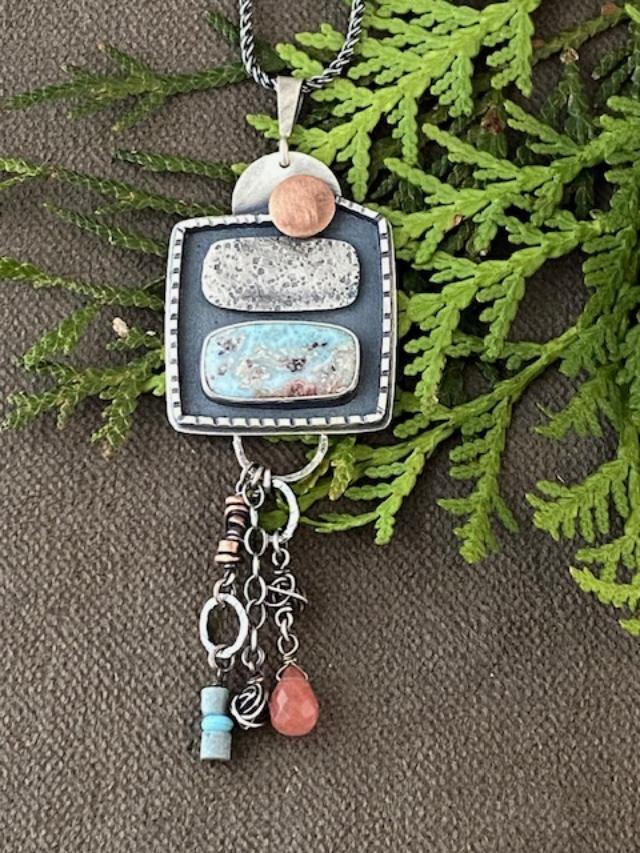 Image of Larimar, Peach Quartz, Roman Glass, Copper, and SS Necklace by Michelle Zjala Winter