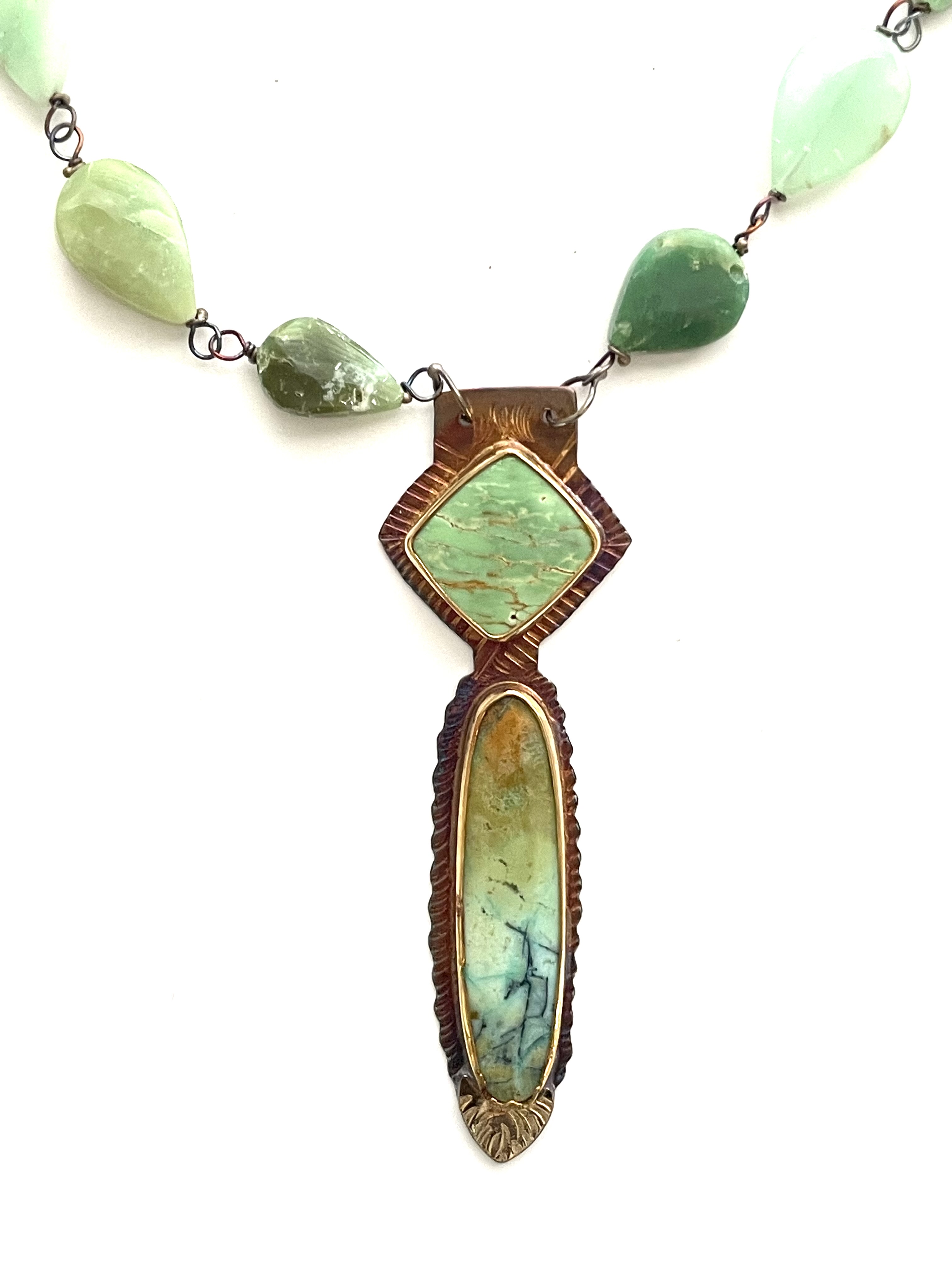 Sterling Silver, 18k Gold, Top Stone Varisite, Bottom Stone Blue Opal Petrified Wood, on 19