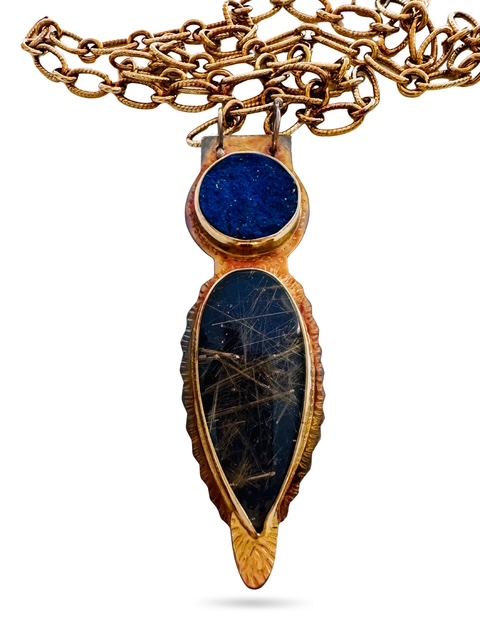 Image of 1 Sterling Silver, Fine Silver Bezels, Natural Surface Lapis and Rutilated Quartz over Lapis Lazuli with Sterling Silver Chain and Lobster Clasp by Julie Shaw