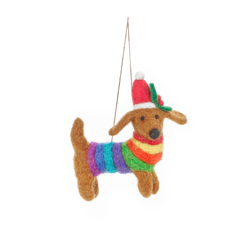 Festive Rainbow Dog - Handmade Felt Ornament