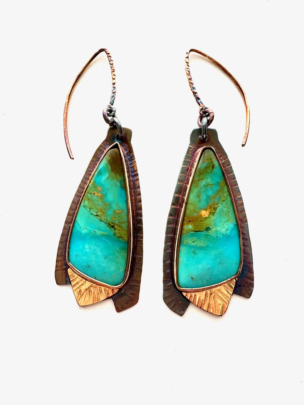 Image of Sterling Silver, Fine Silver Bezels, 18k Gold, and Kingman Mine Turquoise from the 70s Earrings by Julie Shaw