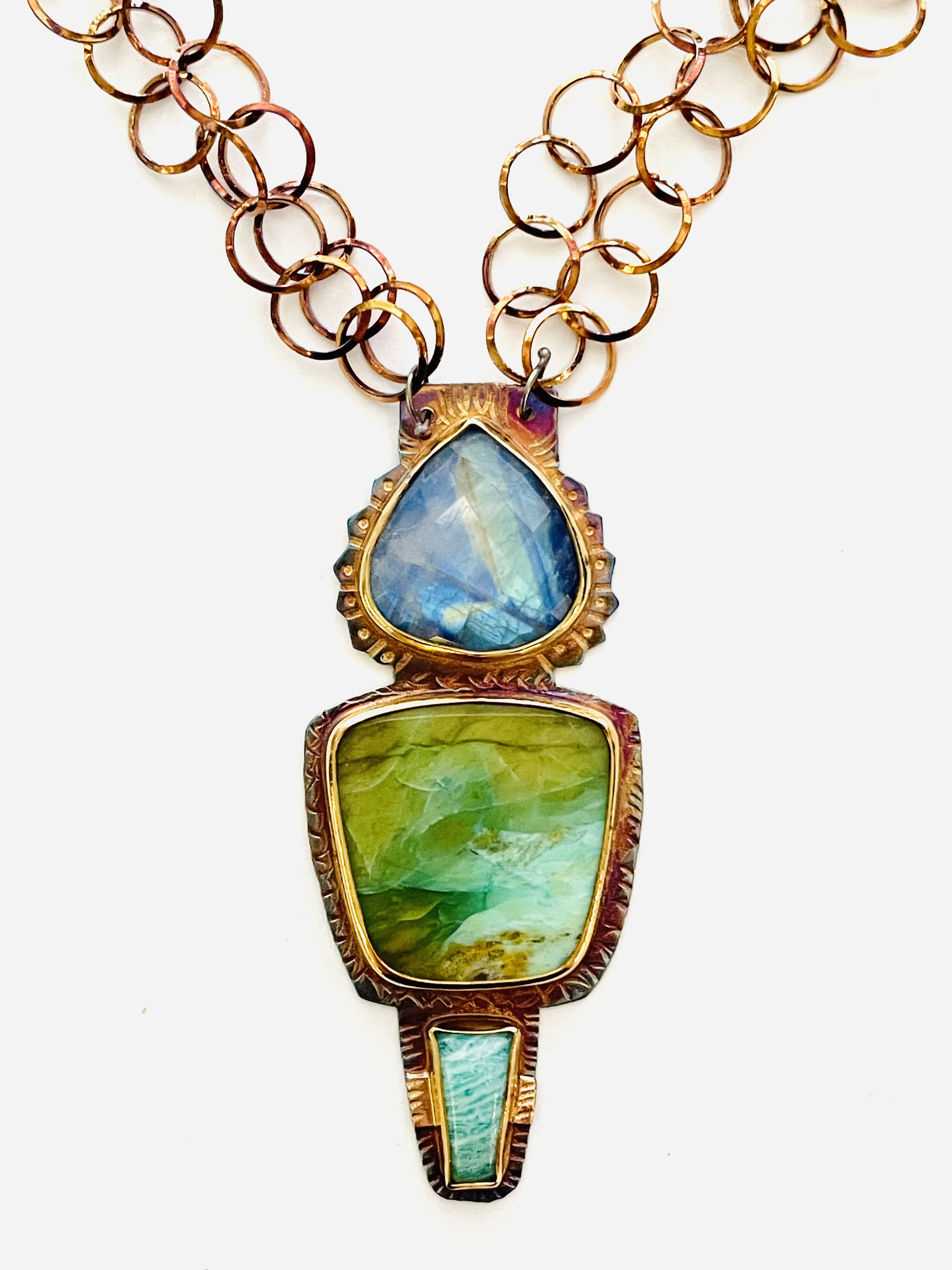 Sterling Silver, Fine Silver Bezels, 18k, Rainbow Moonstone, Blue Opal Petrified Wood and Amazonite