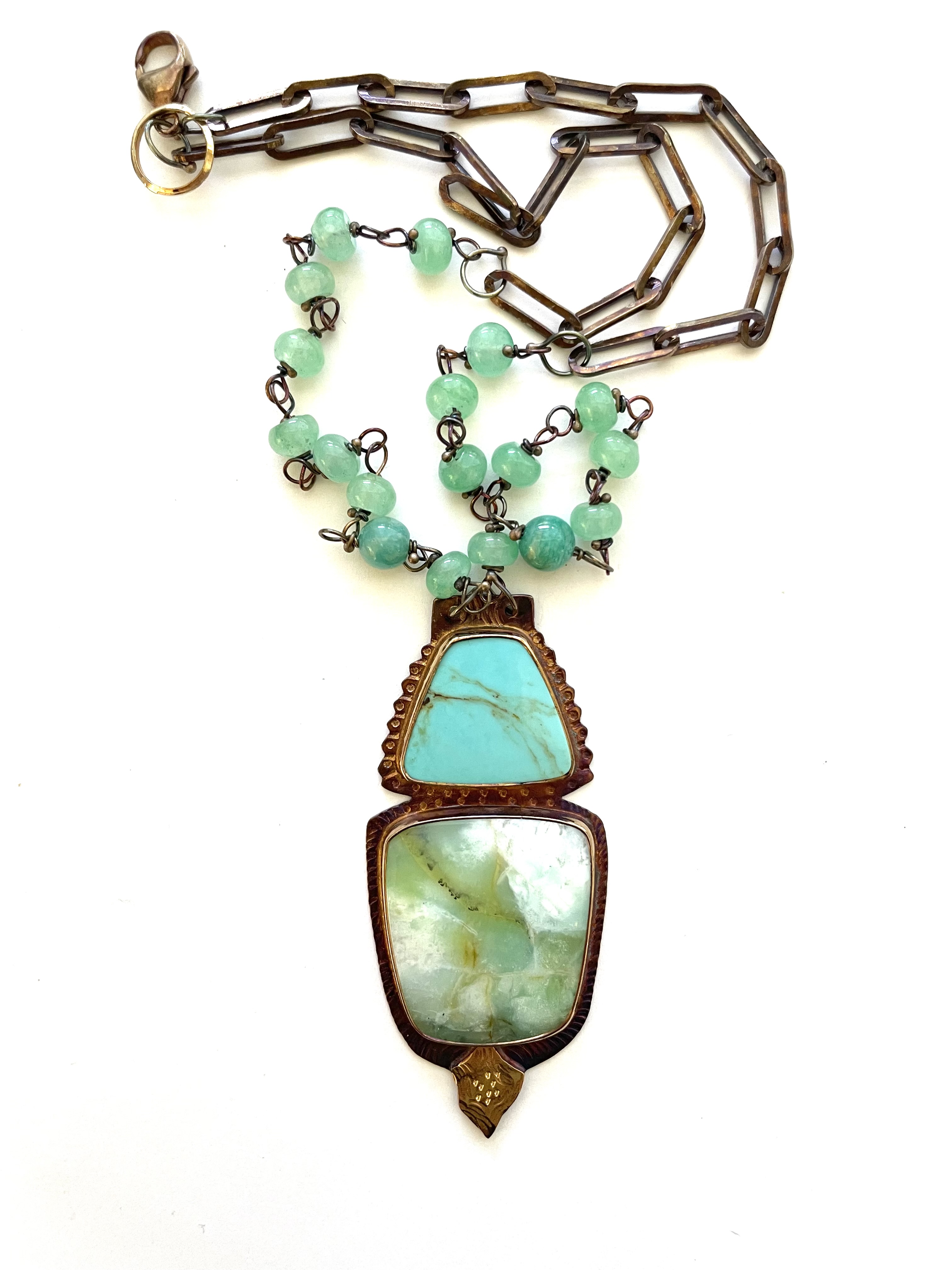 Sterling Silver, 22k Gold, Turquoise, Blue Opal Petrified Wood, and Chrysoprase and Amazonite Beads Necklace