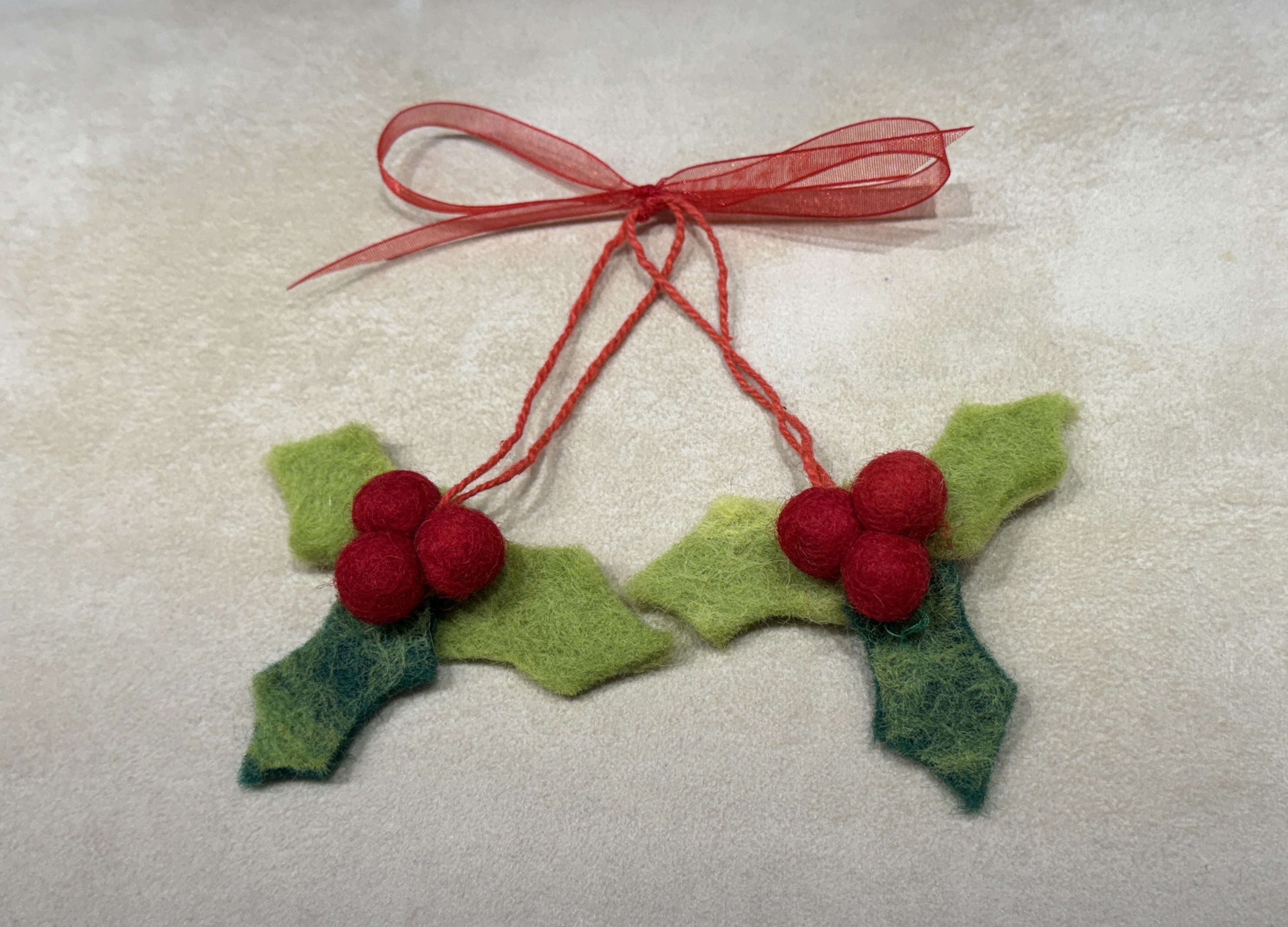 Image of Two Mini Holly Sprigs - Handmade Felt Ornament by  Felt So Good