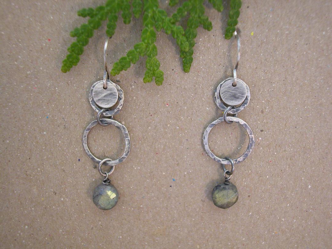 Circle Stick Earrings, Sterling and Labradorite