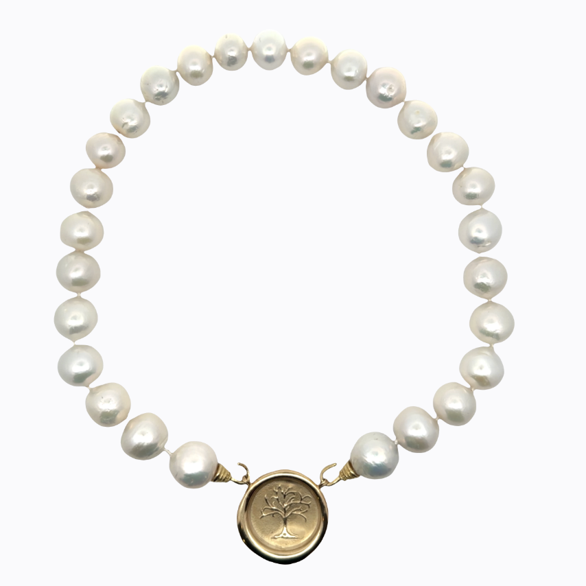 Image of Approximately 11 mm Near Round Cultured Freshwater White Pearls with Hand Cast Bronze Gold Hooks by Marcia McDonough