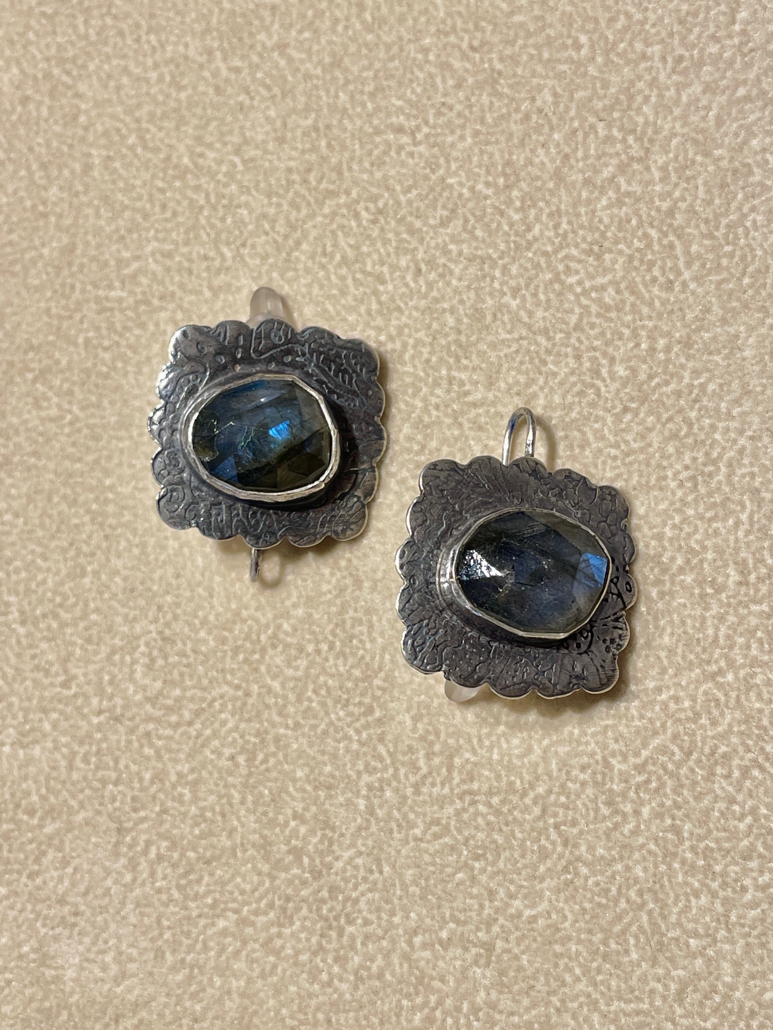 Square Labradorite and Sterling Earrings with Scalloped Edge