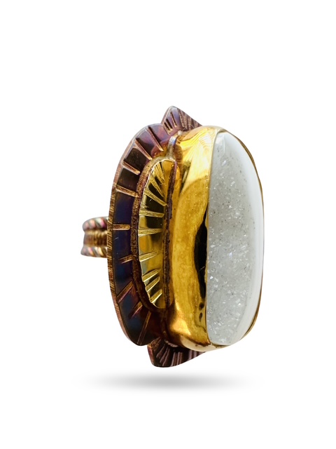 Image 5 for 5 Sterling Silver, Fine Silver Bezel, 22k Gold, and Quartz Druzy in Agate Ring - Size 7.25