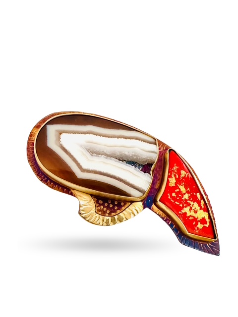 Image of 7 Sterling Silver, Fine Silver Bezels, 18k Gold, Quartz Laguna with Crystal Druzy and Gold Leaf on Enamel Brooch by Julie Shaw